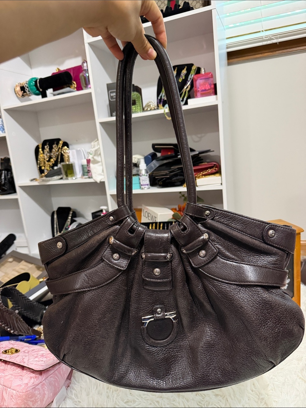 Salvatore Ferragamo Dark Brown Pebbled Leather Shoulder Bag - Picture 4 of 9